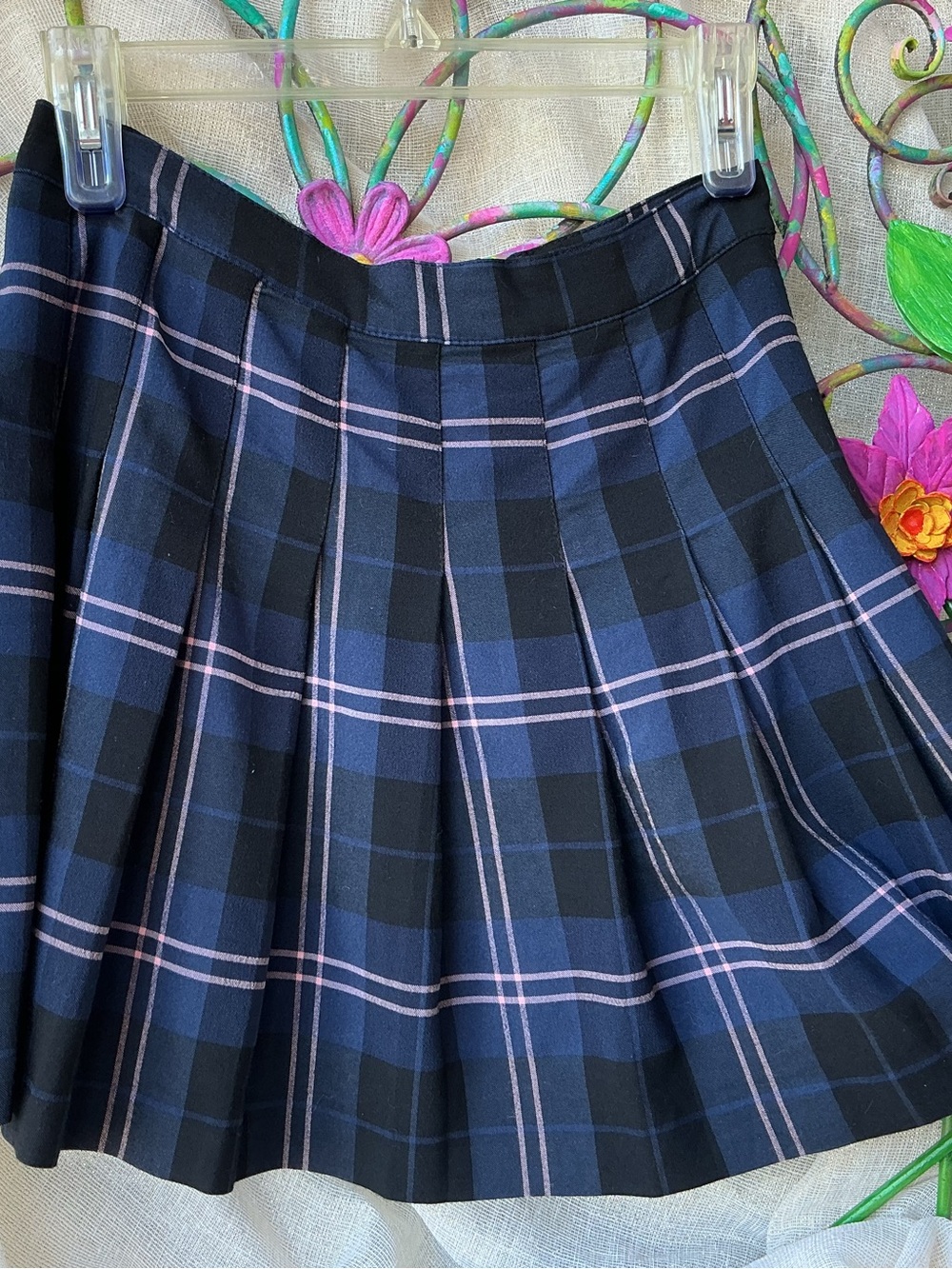 Love Tree Navy Plaid Pleated Skater Skirt with Pink Stripping